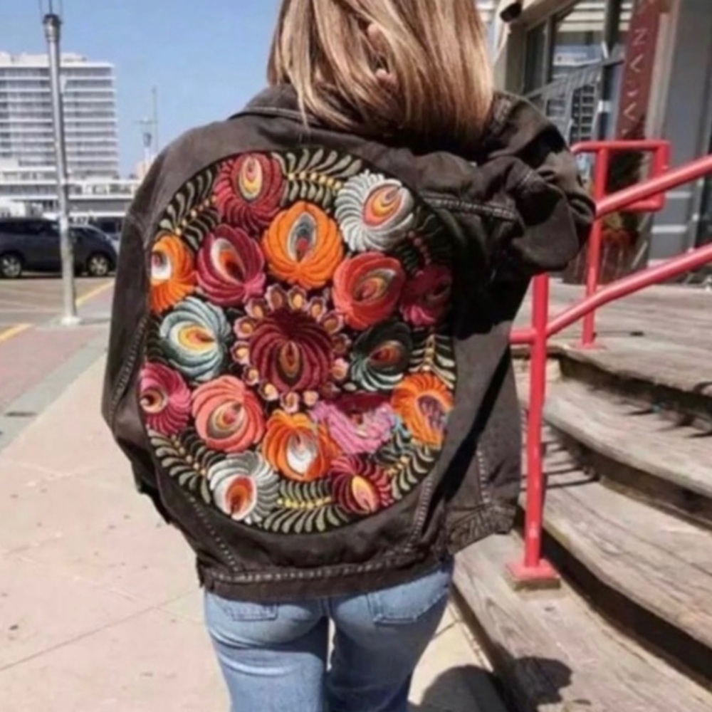 New Boho Embroidered Black Denim Jacket Coat - Picture 3 of 12